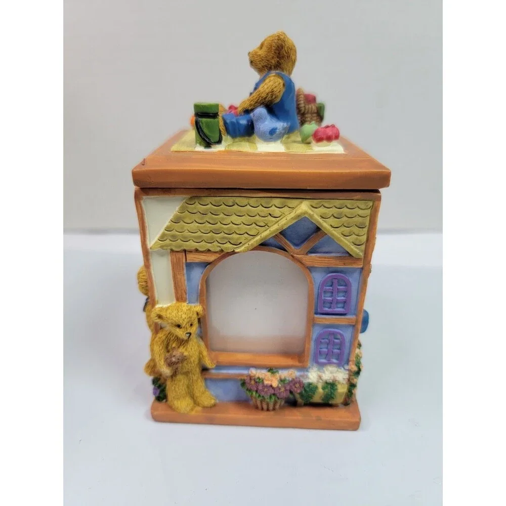 Vintage MK Enterprise Teddy Bear Glass Photo Frame Box Country House Japan